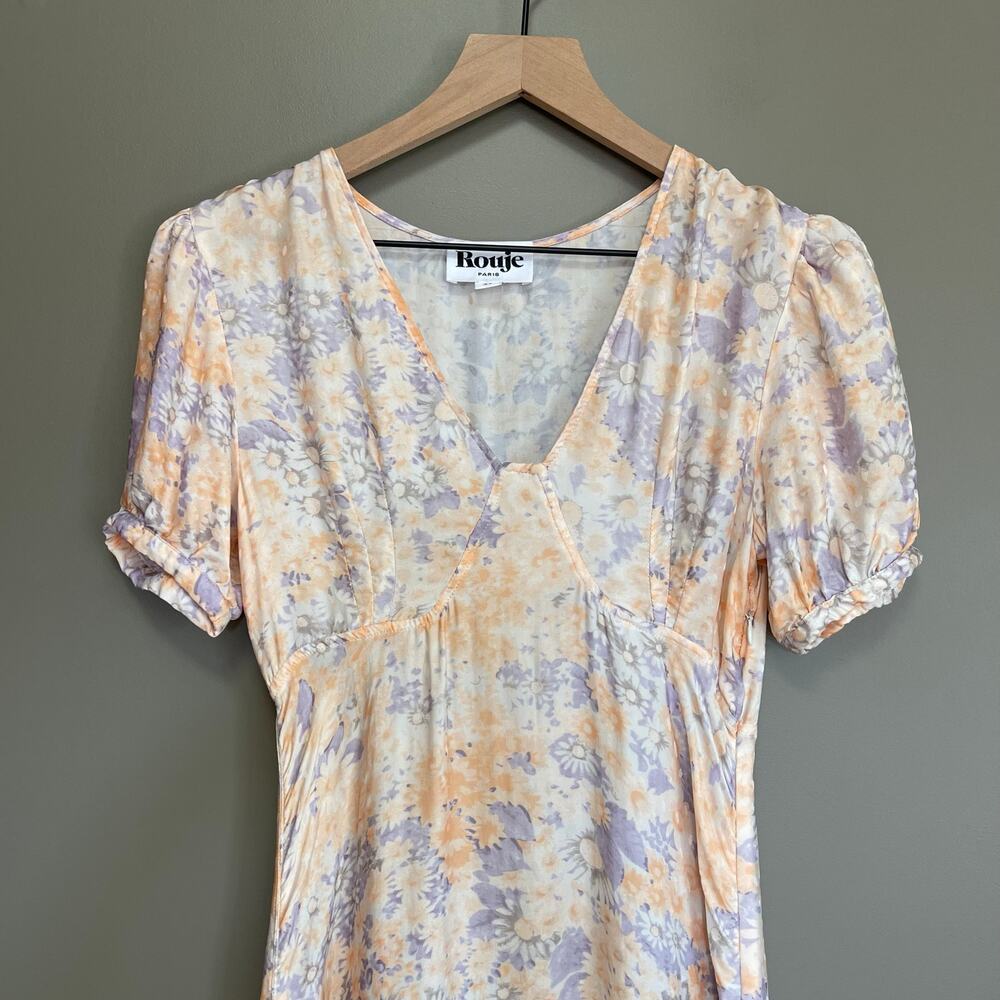 Rouje Linette Dress in Peach FR34 (XS) Pastel Pink Cream Blue Satin Maxi French - Picture 6 of 16